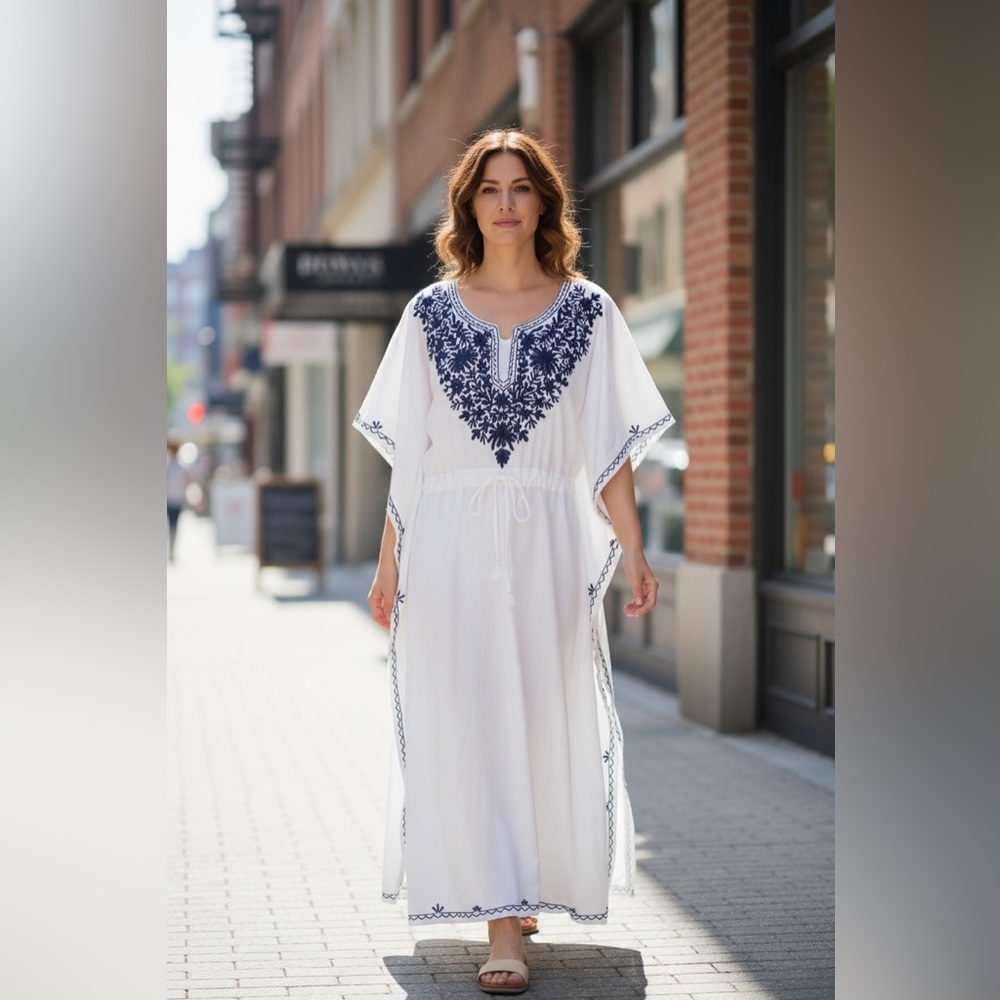 NWT Royal Paisley Cotton Embroidered Kaftan Dress SwimCoverup One Size